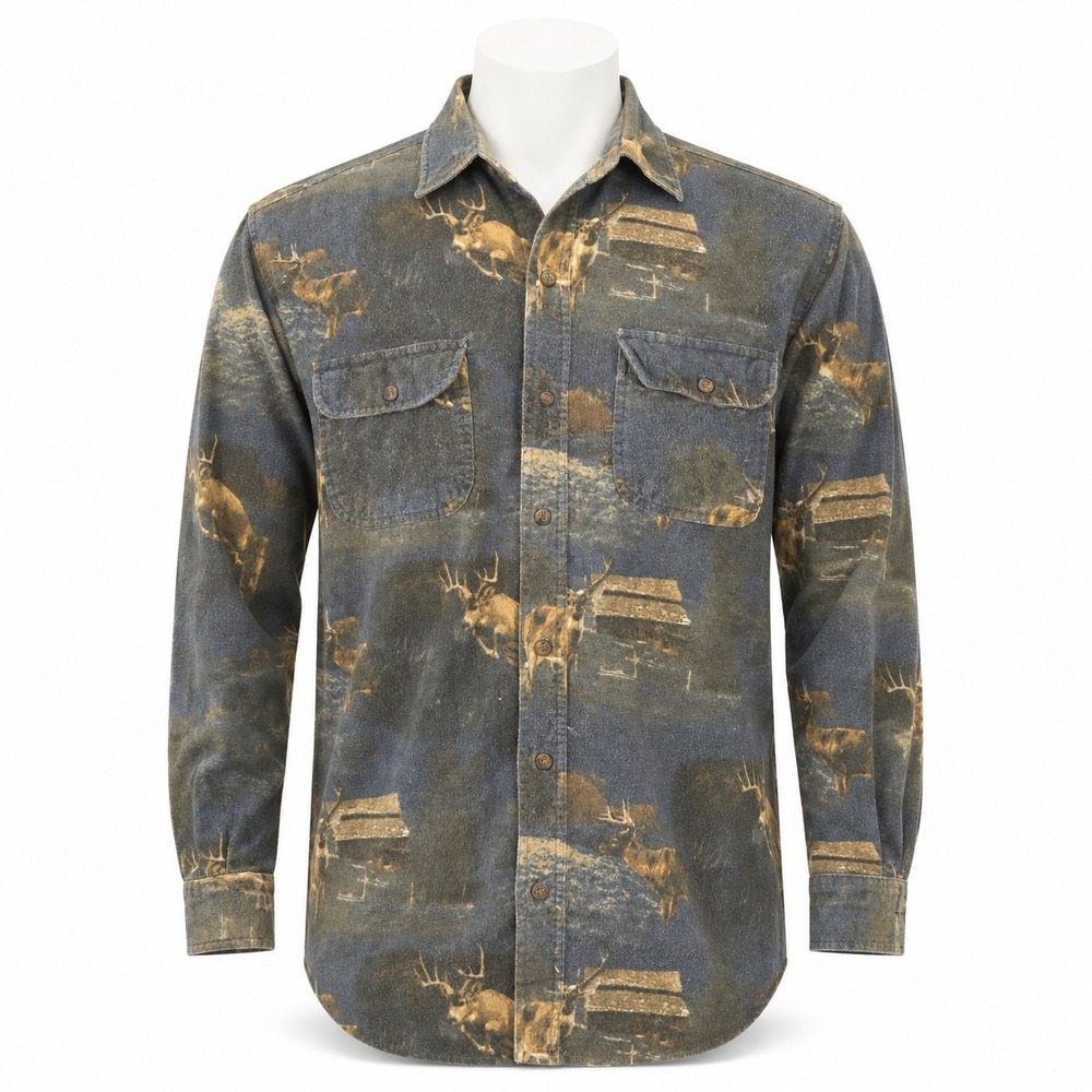 Vintage Canyon Guide Outfitters Deer Cabin AOP Flannel Shirt Men Large Hunting
